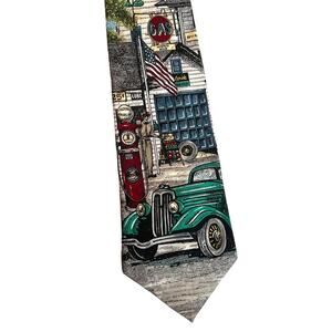 TANGO Max Raab American Series Filling Station 100% Silk Necktie Vintage Cars
